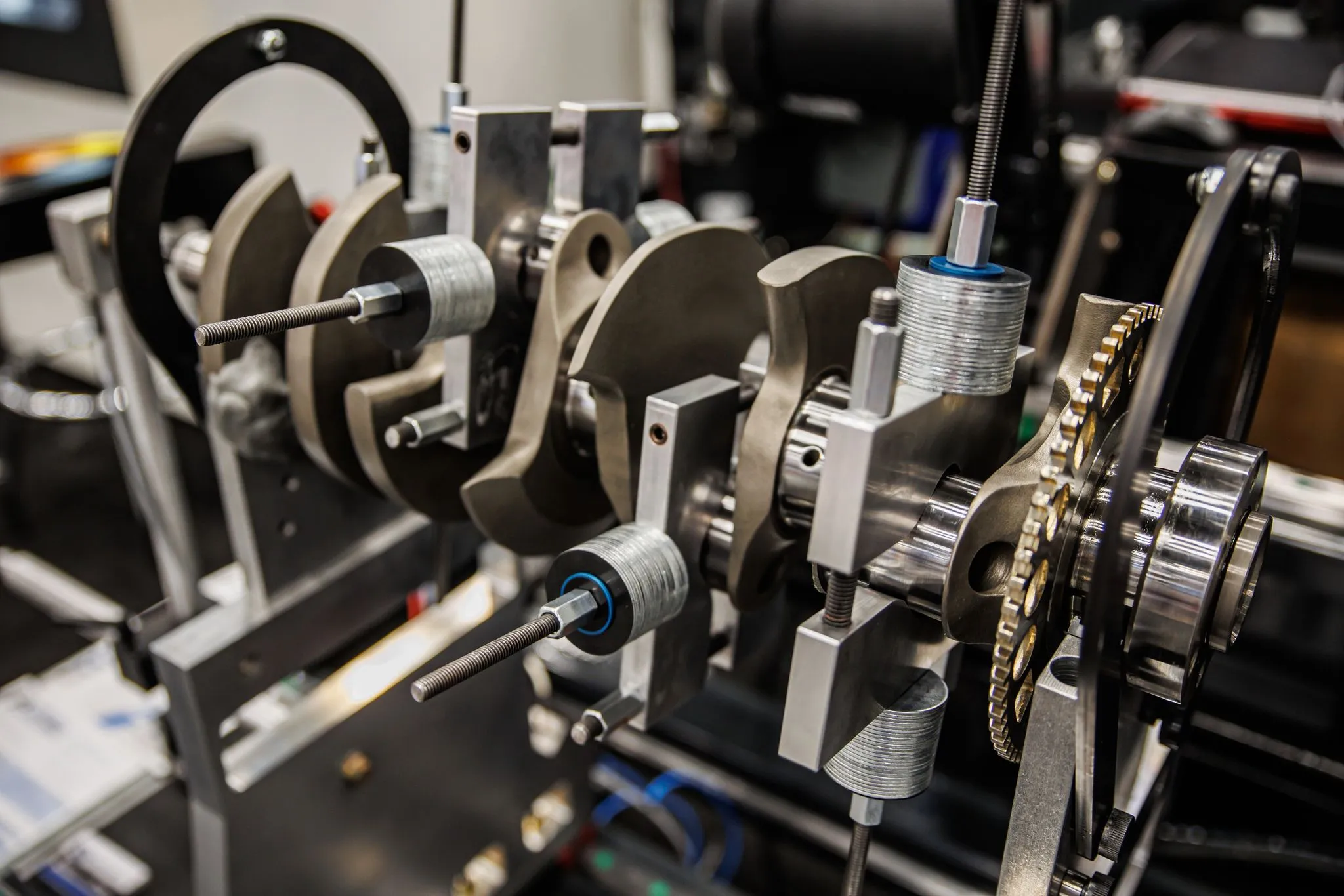Crankshaft mounted on a ProBal PB-L500 crankshaft balancing machine