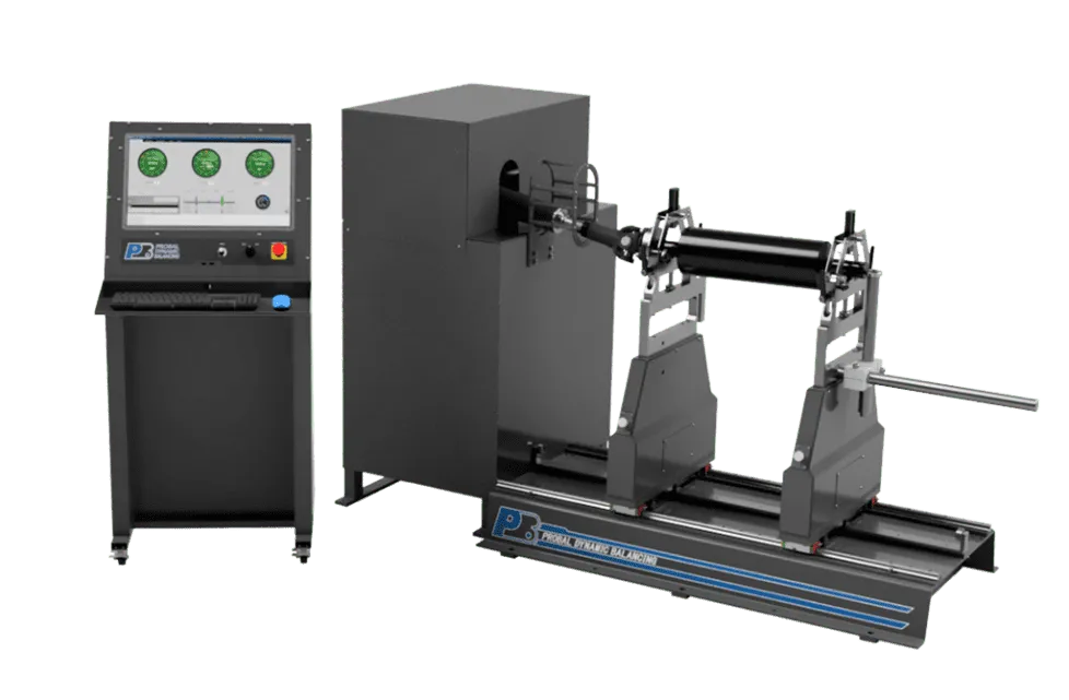 ProBal horizontal dynamic balancing machine with base, columns, trunnions, and overhead belt drive