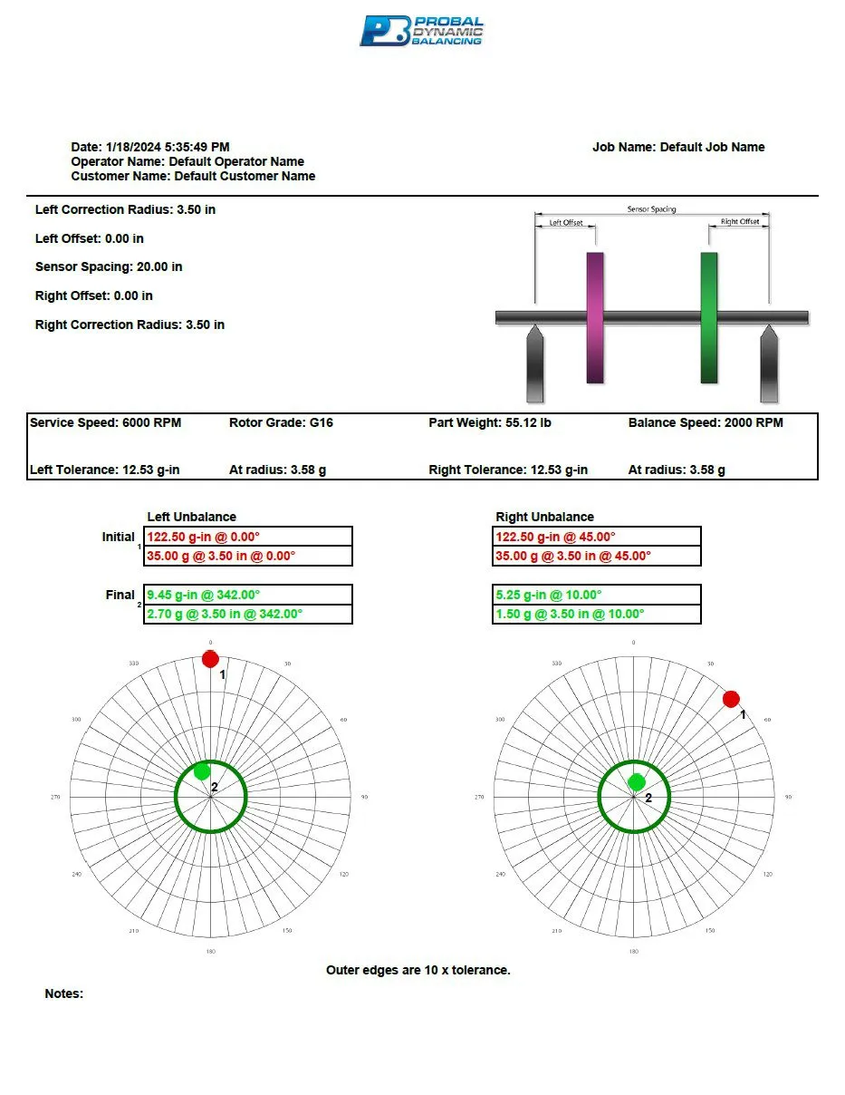 Printed dynamic balancing report generated by ProBal balancing software
