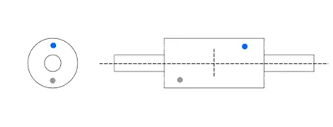 Diagram of dynamic imbalance, with two equal weights in separate planes 180 degrees opposite each other forming a couple