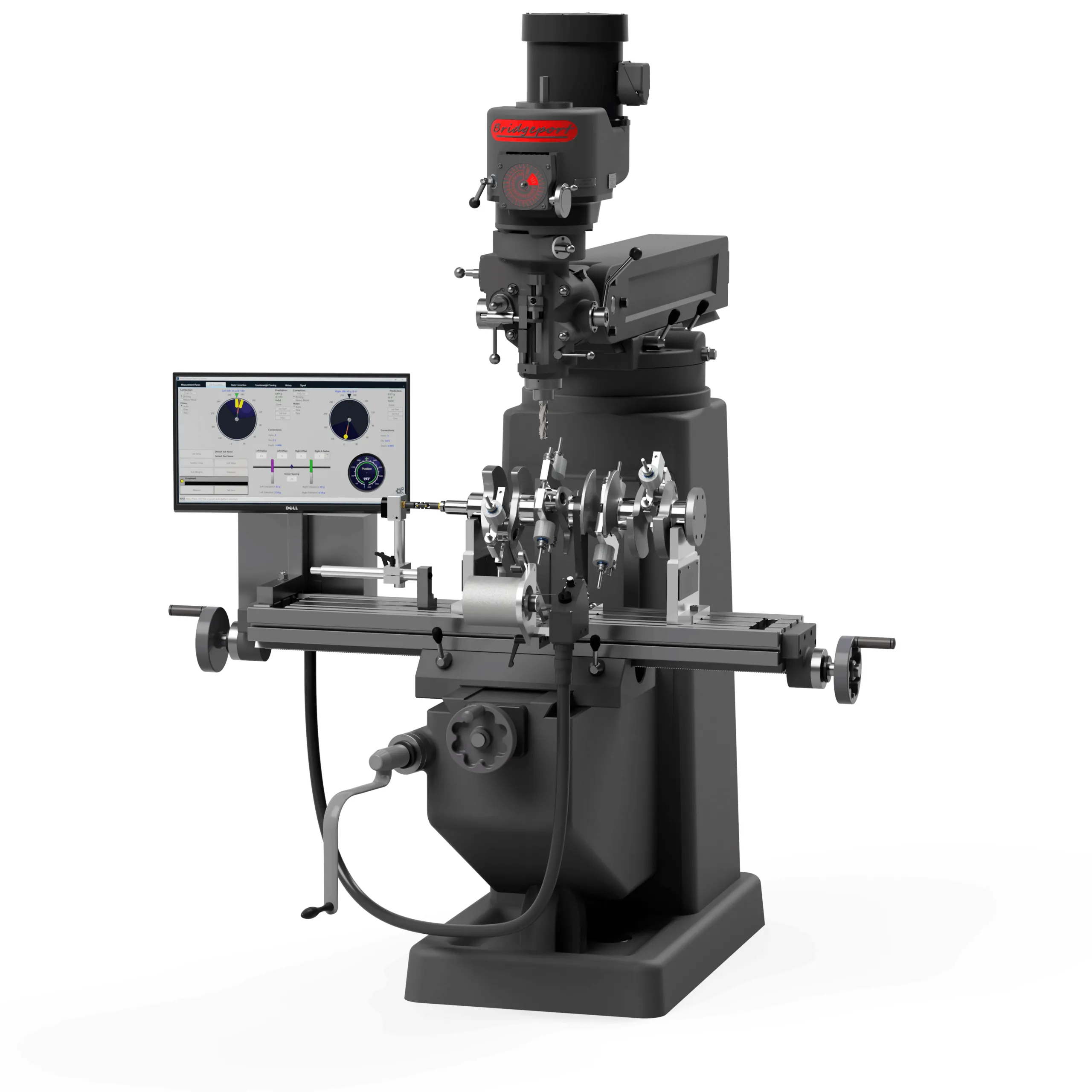 Edge balancing system installed on a Bridgeport-style milling machine, with a crankshaft and bobweights mounted on the table